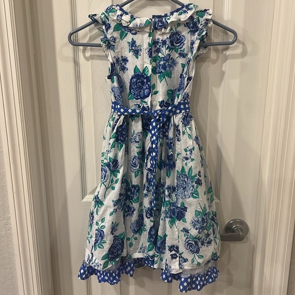 NANNETTE GIRL BLUE/WHITE FLORAL POLY/COTTON PETTICOAT FLUTTER SLEEVE DRESS - Picture 6 of 9